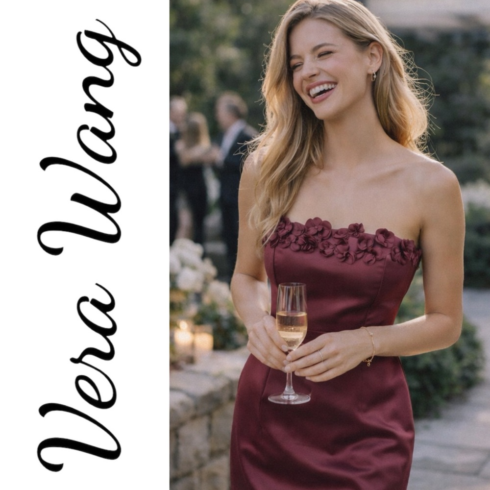 VERA WANG Strapless Silk Dress‎ Burgundy Floral Appliqué Cocktail Formal Size 10